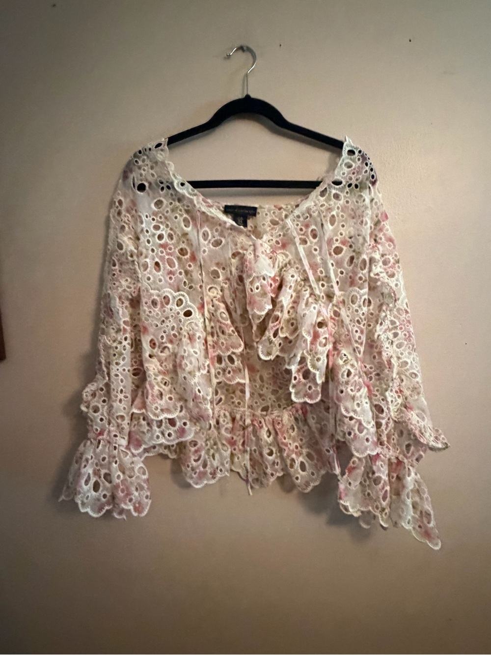 House of Harlow 1960 White Eyelet Ruffle Blouse with Pink Accents